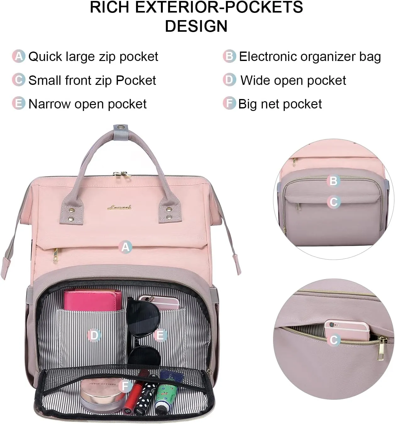 LOVEVOOK Backpack for Women fit 17-inch Laptop, Large Backpack Purse with USB Port, Waterproof Travel Work Bag, Teacher Doctor Nurse Backpack, Pink-Taro Purple