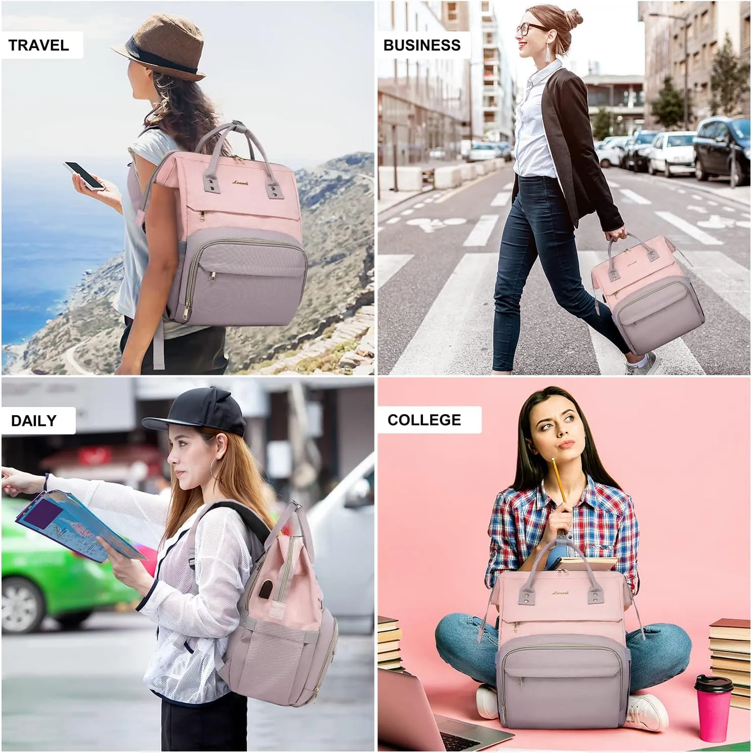LOVEVOOK Backpack for Women fit 17-inch Laptop, Large Backpack Purse with USB Port, Waterproof Travel Work Bag, Teacher Doctor Nurse Backpack, Pink-Taro Purple