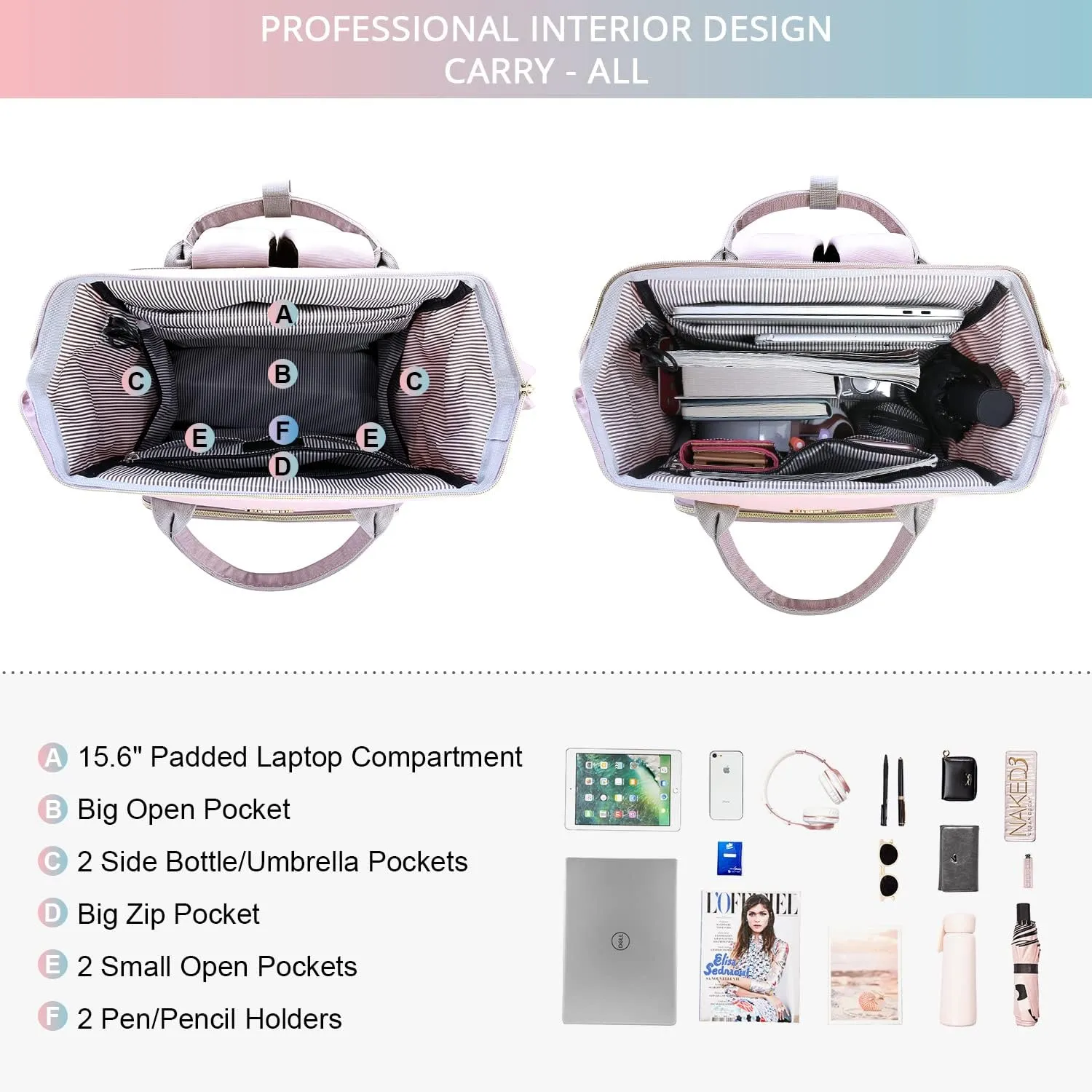LOVEVOOK Backpack for Women fit 17-inch Laptop, Large Backpack Purse with USB Port, Waterproof Travel Work Bag, Teacher Doctor Nurse Backpack, Pink-Taro Purple