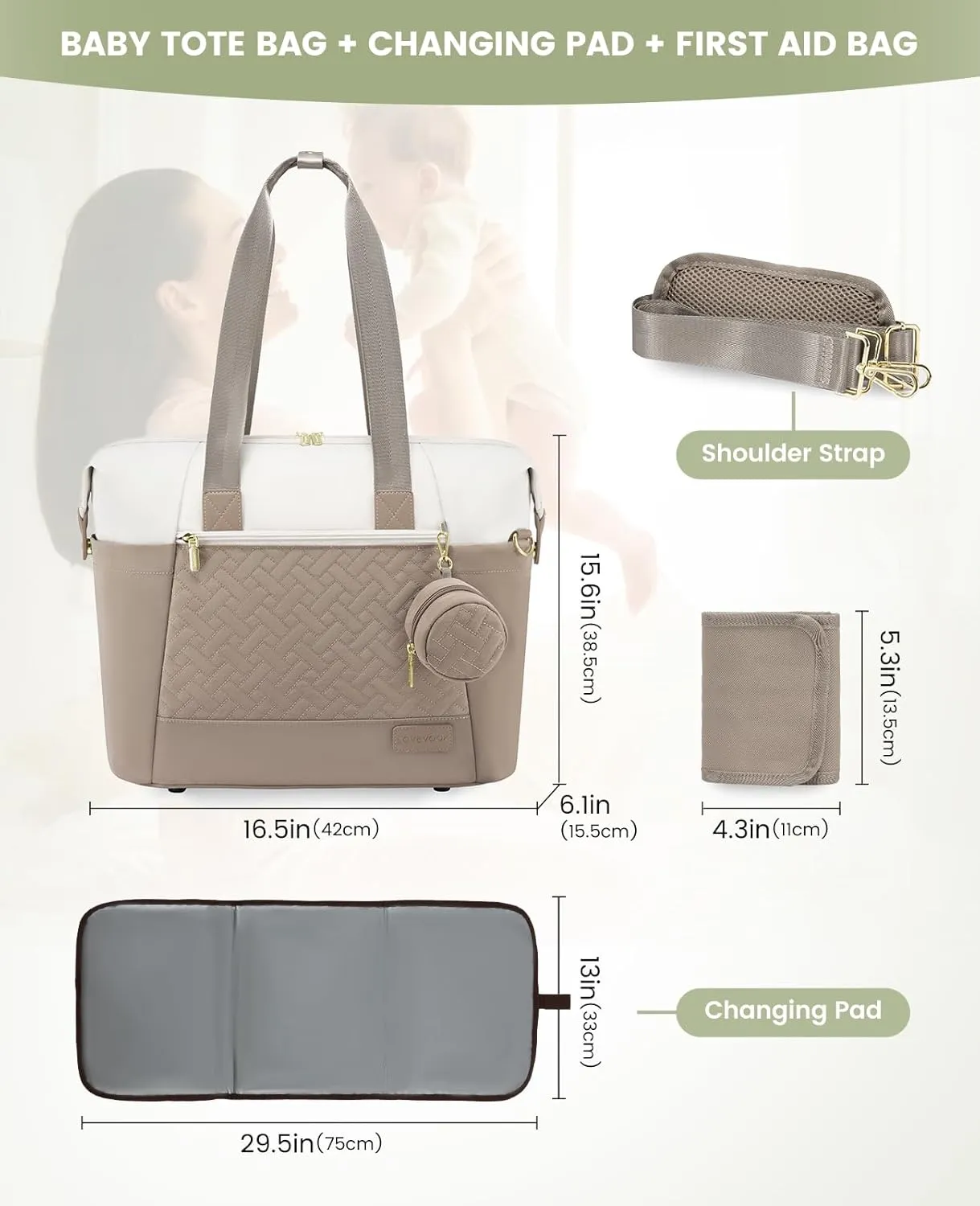 LOVEVOOK Diaper Bag Tote, Large Baby Diaper Bag Waterproof Travel Diaper Tote with Changing Pad