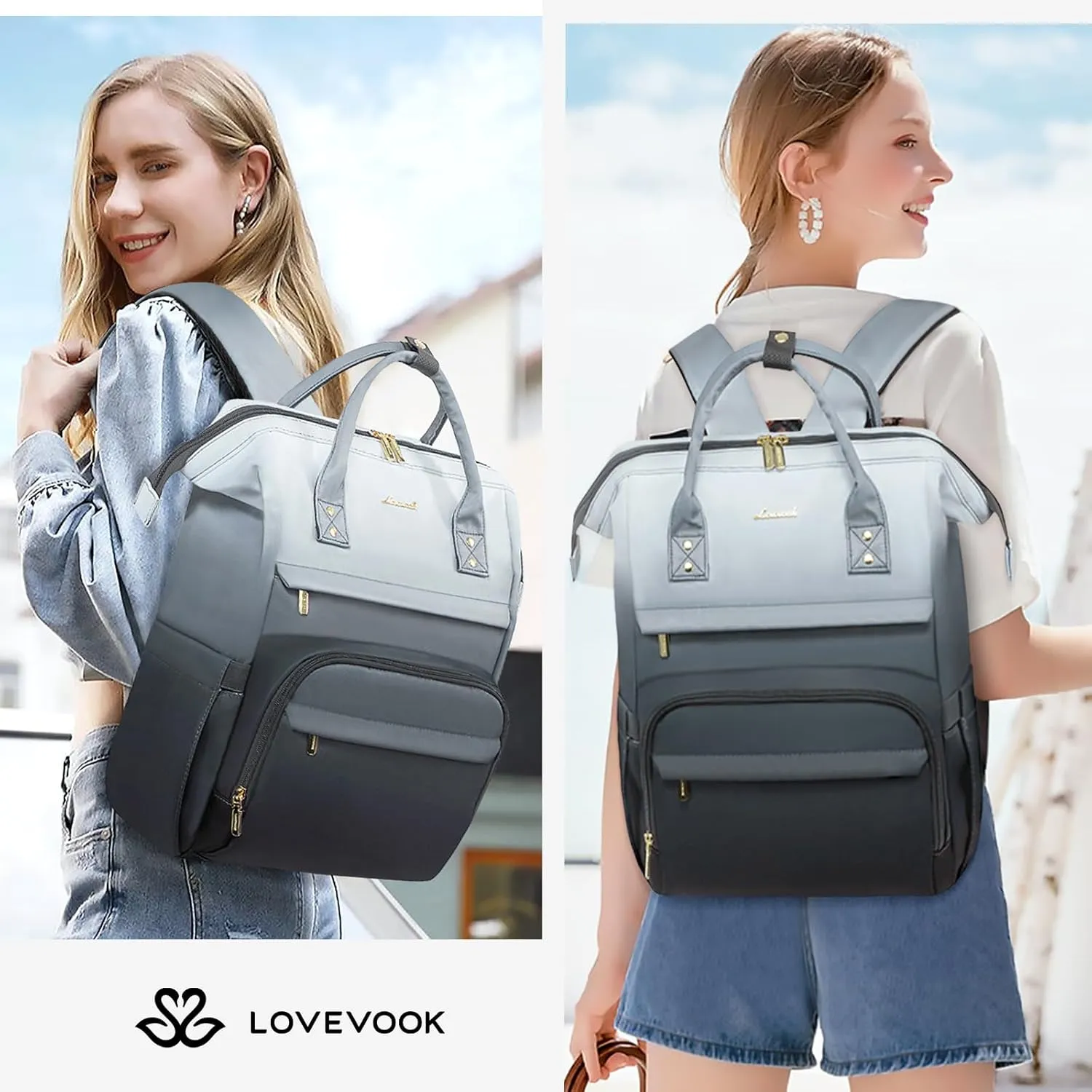 LOVEVOOK Gradient Laptop Backpack for Women,17.3 Inch Work Computer Bakcpack Purse Laptop Bag With Anti-Theft Pocket,Waterproof Carry on Teacher College Backpack for Travel,Black-White-Gray