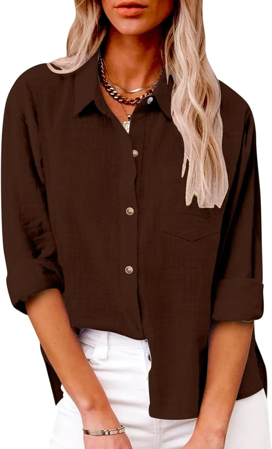 LRMQS Linen Shirts for Women Summer Long Sleeve Lapel Button Down Blouse Lightweight Gauze Loose Casual Fashion Shirt Clothes
