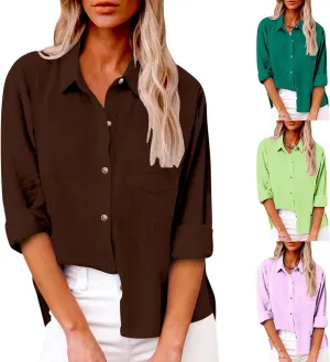 LRMQS Linen Shirts for Women Summer Long Sleeve Lapel Button Down Blouse Lightweight Gauze Loose Casual Fashion Shirt Clothes