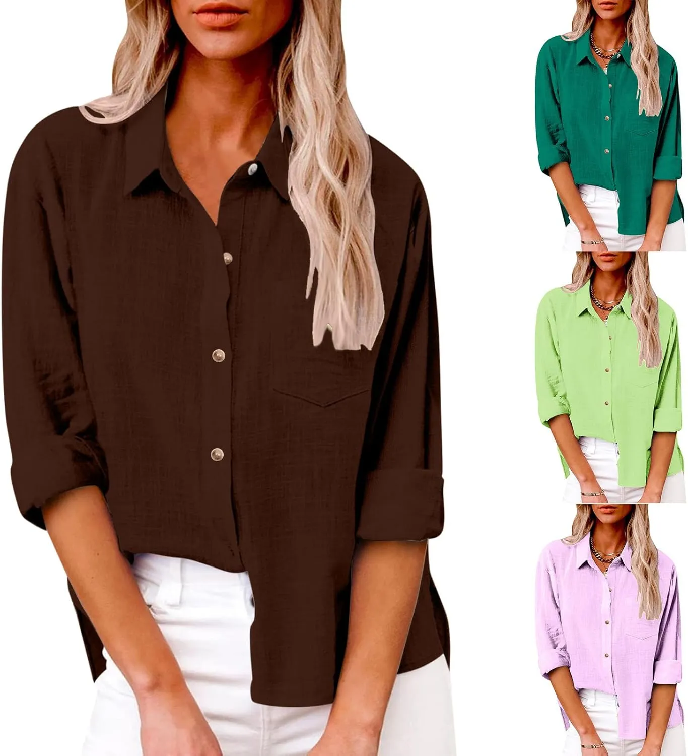 LRMQS Linen Shirts for Women Summer Long Sleeve Lapel Button Down Blouse Lightweight Gauze Loose Casual Fashion Shirt Clothes