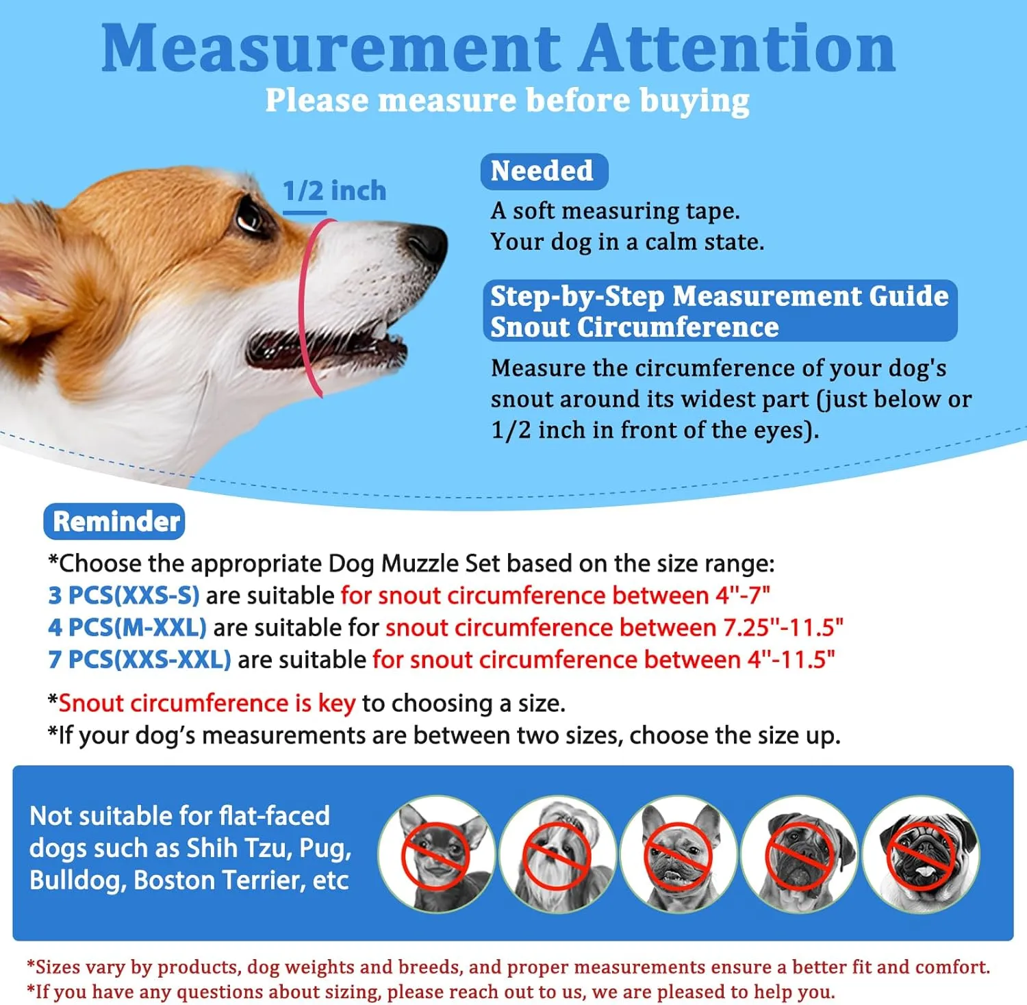 LUCKYPAW Dog Muzzle Suits for Small Medium Large Dogs, Mesh Muzzle Pack Anti Biting Chewing, Breathable Mouth Guard Sets with Adjustable Strap for Grooming Walking Vet Visiting(7 Pieces)