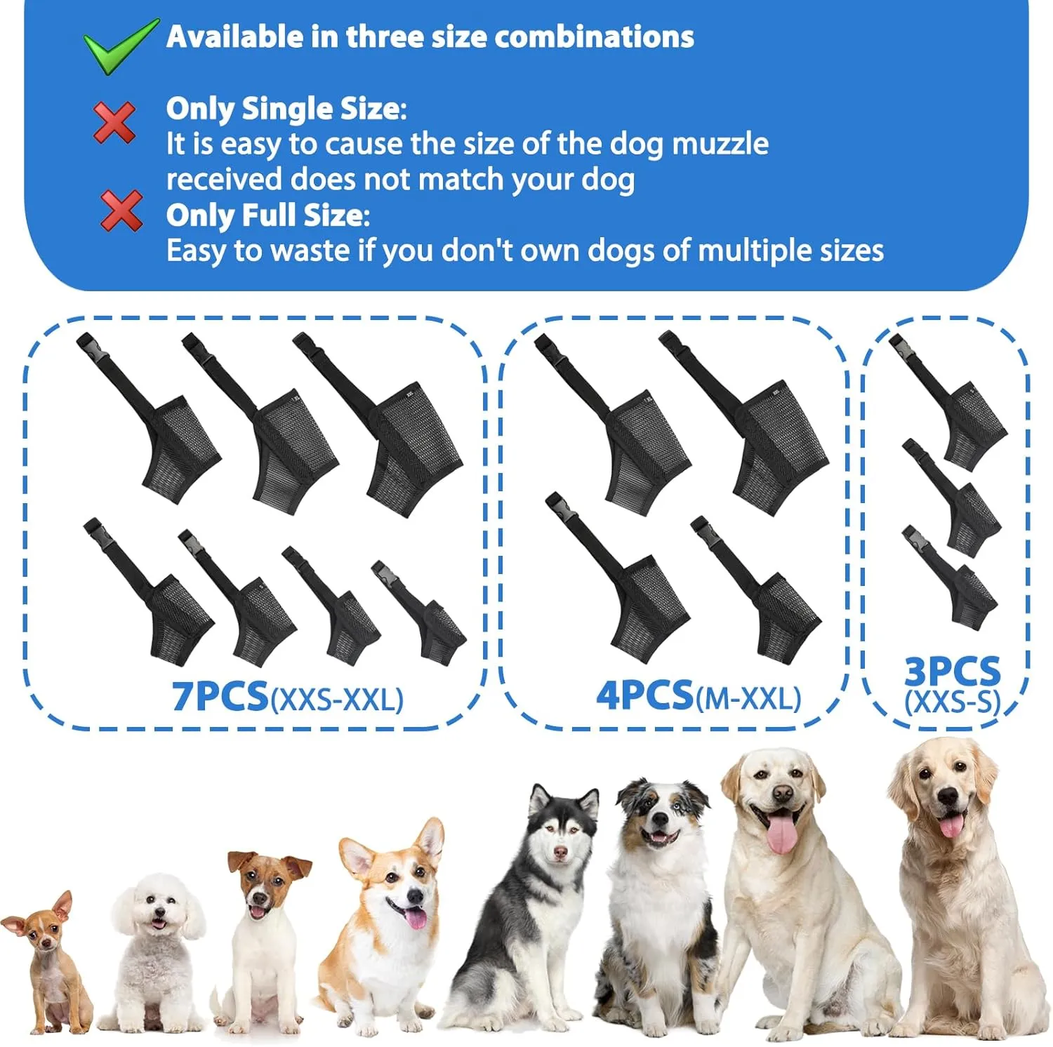 LUCKYPAW Dog Muzzle Suits for Small Medium Large Dogs, Mesh Muzzle Pack Anti Biting Chewing, Breathable Mouth Guard Sets with Adjustable Strap for Grooming Walking Vet Visiting(7 Pieces)