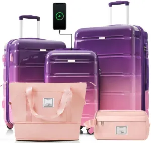 Luggage Set 5 Pieces, 20 Inches with USB Port, ABS Durable Suitcase with Travel Bag, ABS PC Hard Shell Trolley Case with Universal Wheels, Purple and Pink, Multiple Size Options To Meet Travel Needs