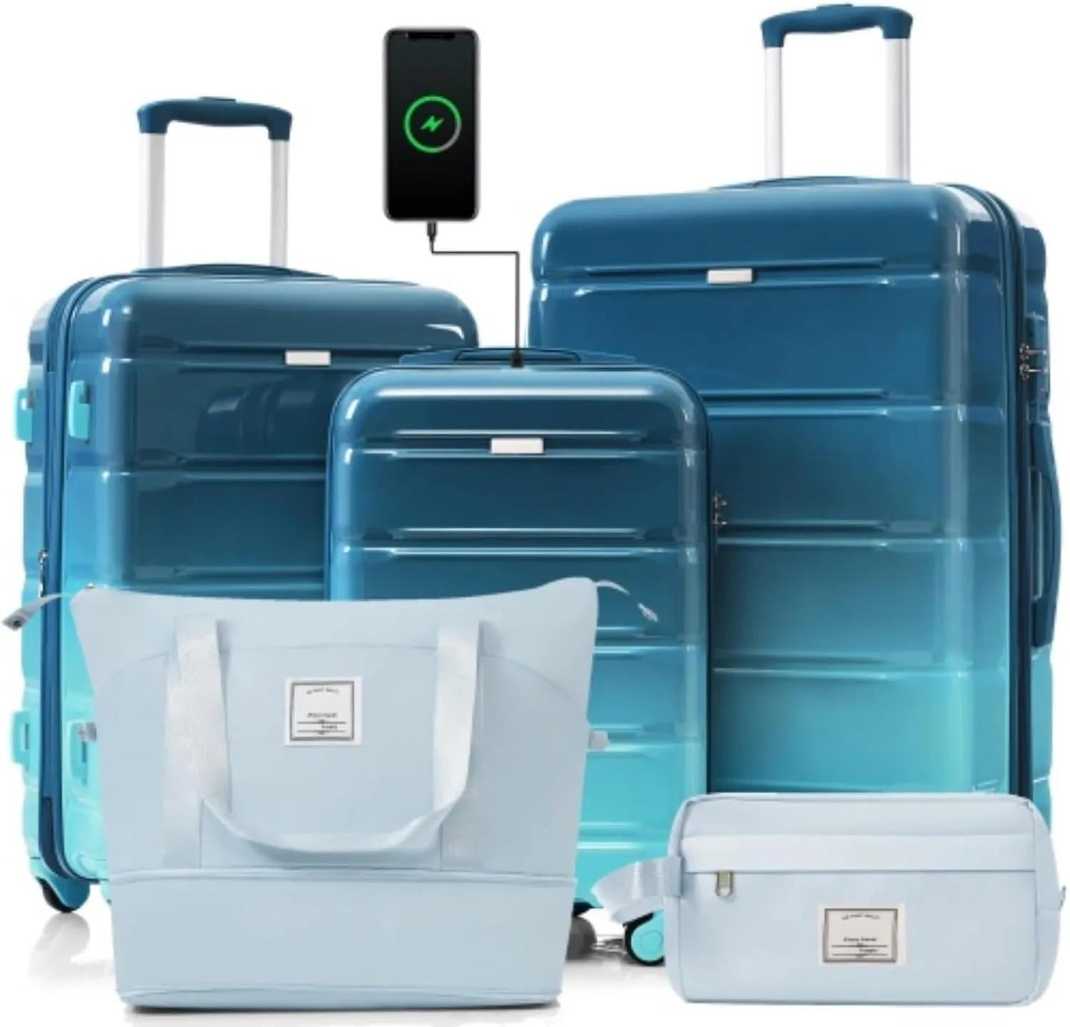Luggage Set 5 Pieces, 20 Inches with USB Port, ABS Durable Suitcase with Travel Bag, ABS PC Hard Shell with Universal Wheels, Multiple Size Options To Meet Travel Needs