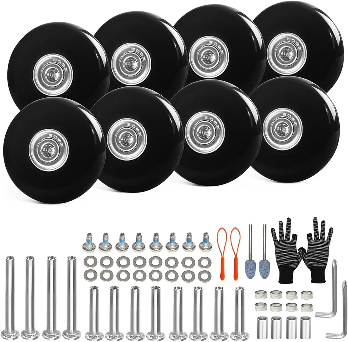 Luggage Suitcase Wheels Replacement Set 8PC Diameter 2in/50mm Thick 0.7in/18mm Bearing Wheels Repair Kit for Inline Roller Dual Spinner Suitcase Trolley Carryon Bag