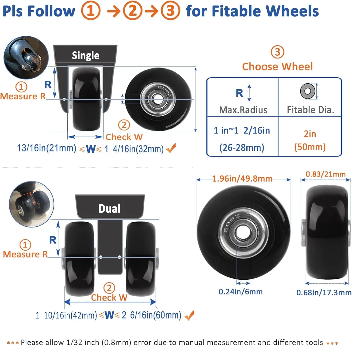 Luggage Suitcase Wheels Replacement Set 8PC Diameter 2in/50mm Thick 0.7in/18mm Bearing Wheels Repair Kit for Inline Roller Dual Spinner Suitcase Trolley Carryon Bag