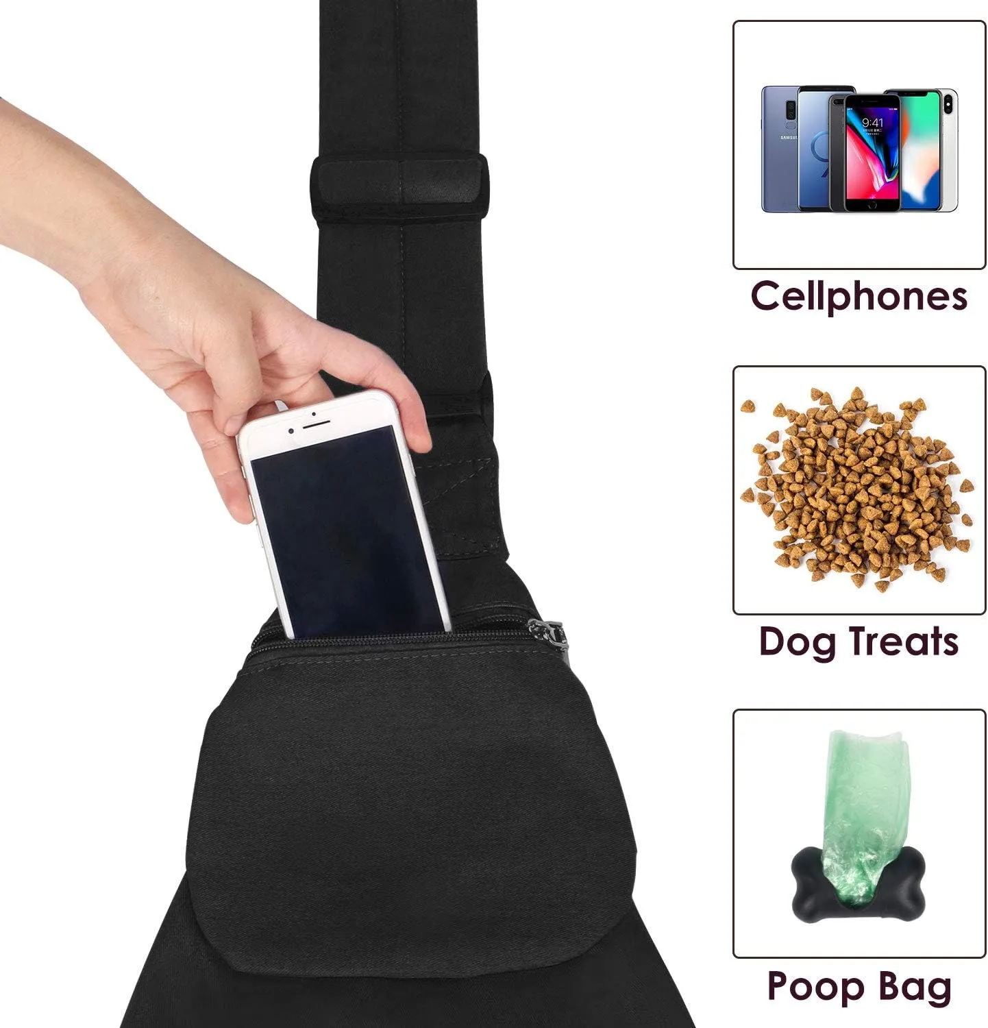 Lukovee Pet Sling, Hand Free Dog Sling Carrier Adjustable Padded Strap Tote Bag Breathable Cotton Shoulder Bag Front Pocket Safety Belt Carrying Small Dog Cat Puppy Machine Washable (Black, M)