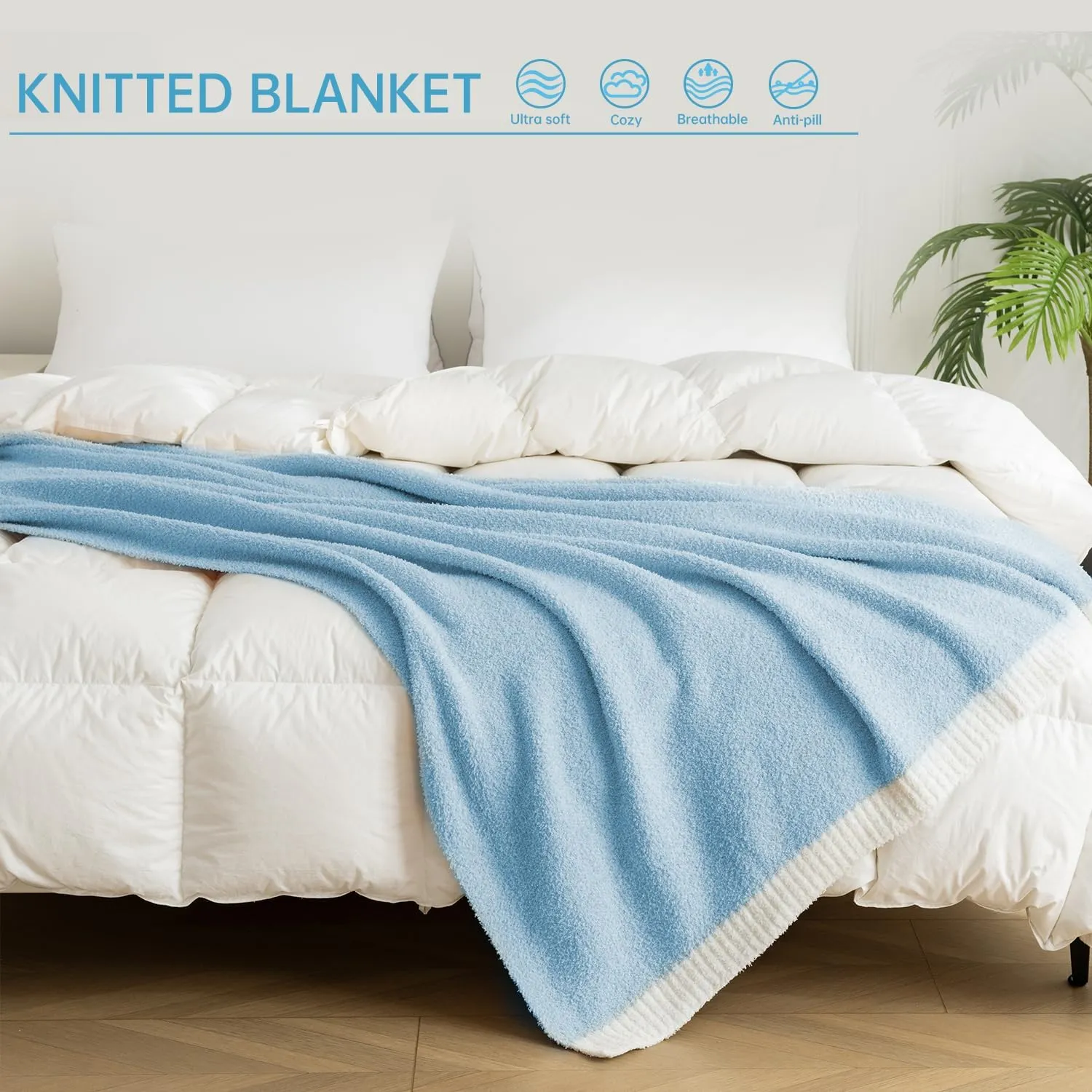 LURKA Fine Knit Throw Blanket - Super Soft Breathable Lightweight Blanket for Couch Bed Sofa (Mid-Blue, Throw(50"x 60"))