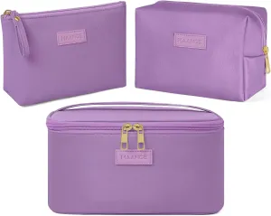 MAANGE Travel Makeup Bag - Large Makeup Bag with 2pcs Small Makeup Bag Portable Leather Cosmetic Bag Toiletry Bag Make Up Bags for Women and Girls (Purple)