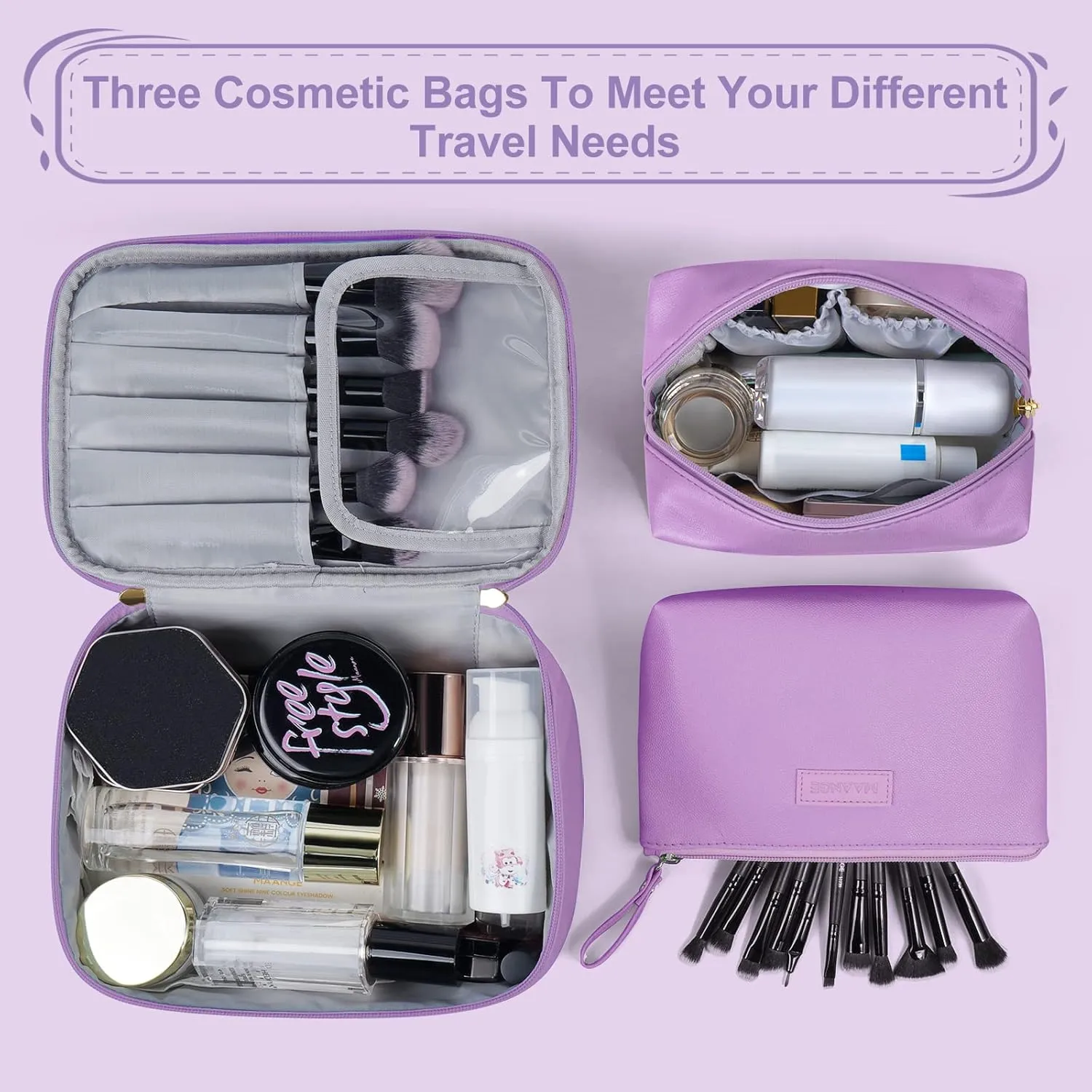 MAANGE Travel Makeup Bag - Large Makeup Bag with 2pcs Small Makeup Bag Portable Leather Cosmetic Bag Toiletry Bag Make Up Bags for Women and Girls (Purple)