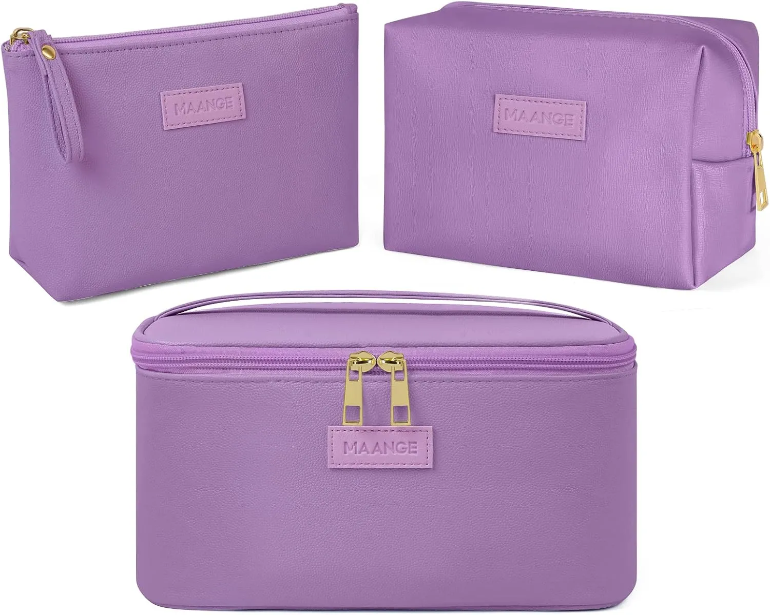 MAANGE Travel Makeup Bag - Large Makeup Bag with 2pcs Small Makeup Bag Portable Leather Cosmetic Bag Toiletry Bag Make Up Bags for Women and Girls (Purple)