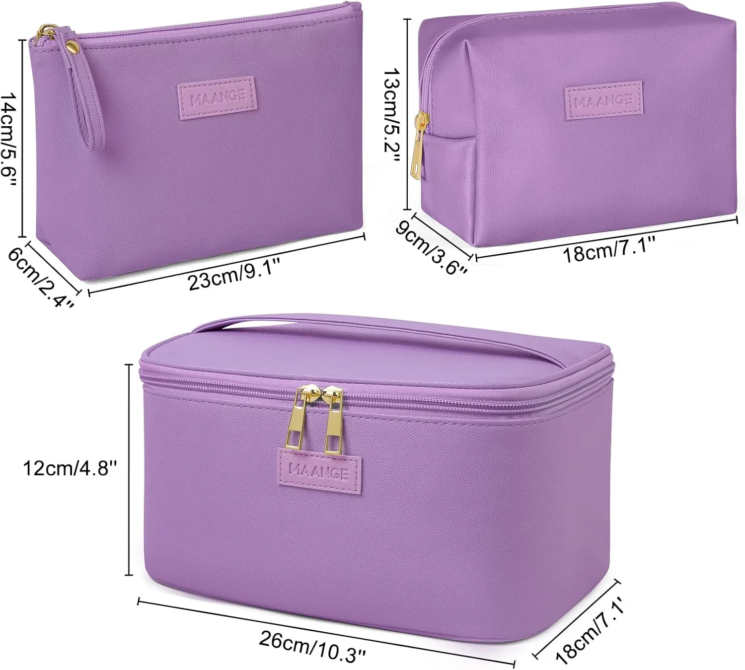 MAANGE Travel Makeup Bag - Large Makeup Bag with 2pcs Small Makeup Bag Portable Leather Cosmetic Bag Toiletry Bag Make Up Bags for Women and Girls (Purple)