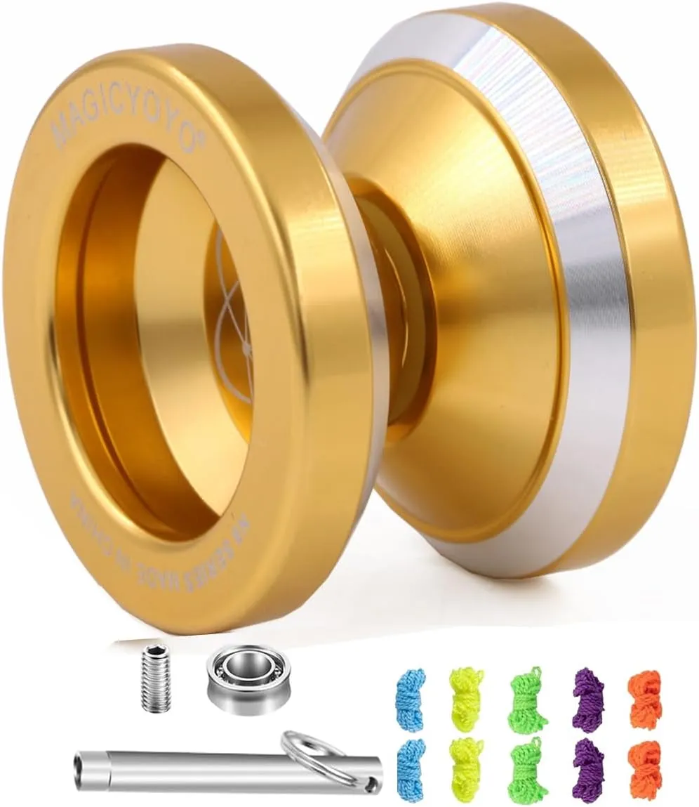 MAGICYOYO N8 Yoyo Pro Responsive Yoyo & Unresponsive Yo-yo for Kids Teens Adults, Beginners to Advanced Pocket Yo-yos, Yo Yo Metal with Unresponsive Bearing 12 Yo Yos Strings  Bag  Remover, Golden