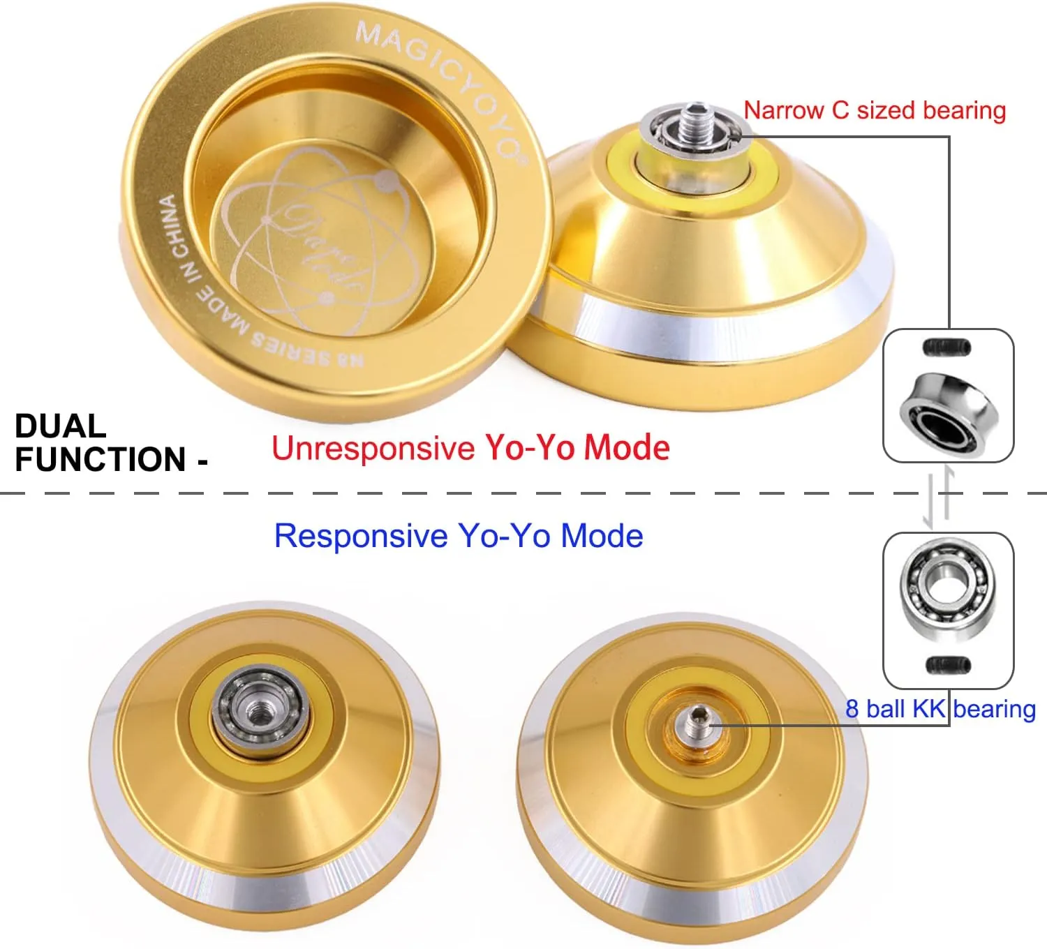 MAGICYOYO N8 Yoyo Pro Responsive Yoyo & Unresponsive Yo-yo for Kids Teens Adults, Beginners to Advanced Pocket Yo-yos, Yo Yo Metal with Unresponsive Bearing 12 Yo Yos Strings  Bag  Remover, Golden