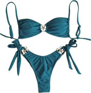 MakeMeChic Women's Two Piece Bikini Set Tie Side Ring Backless High Cut Bathing Suit Swimwear