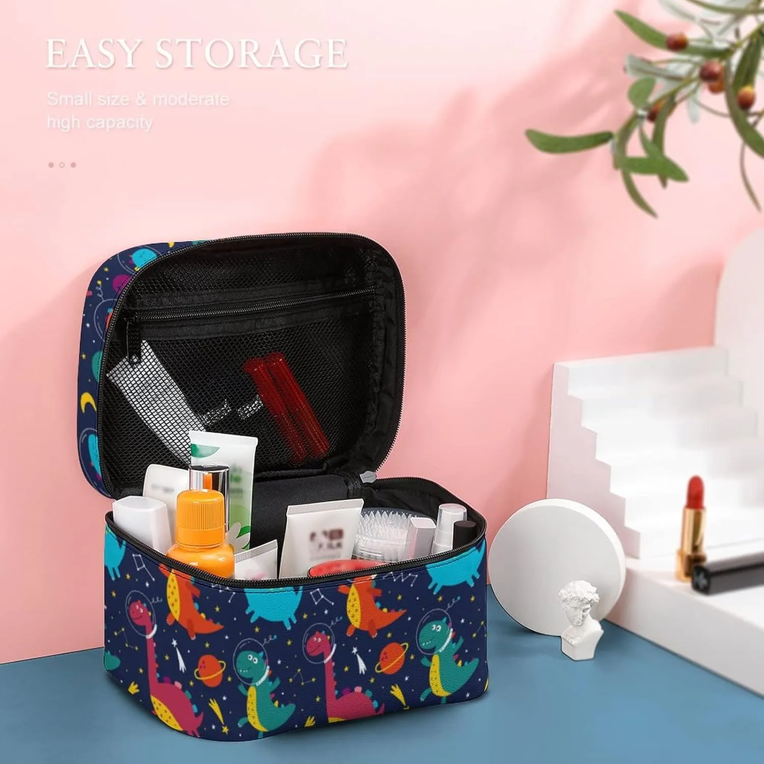 Makeup Bag Cosmetic Bag, Cute Space Dinosaurs Cosmonaut Navy Makeup Bag Portable PU Leather Makeup Travel Case Pouch Toiletry Bag with Handle for Women Girls