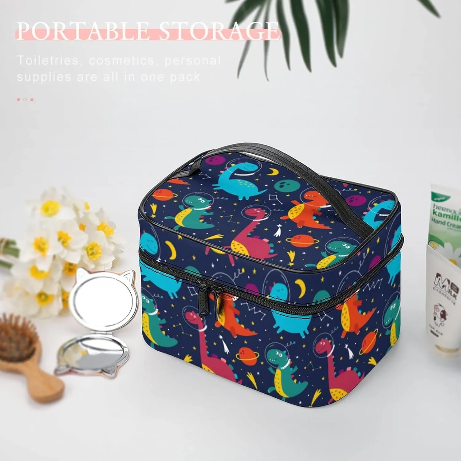 Makeup Bag Cosmetic Bag, Cute Space Dinosaurs Cosmonaut Navy Makeup Bag Portable PU Leather Makeup Travel Case Pouch Toiletry Bag with Handle for Women Girls