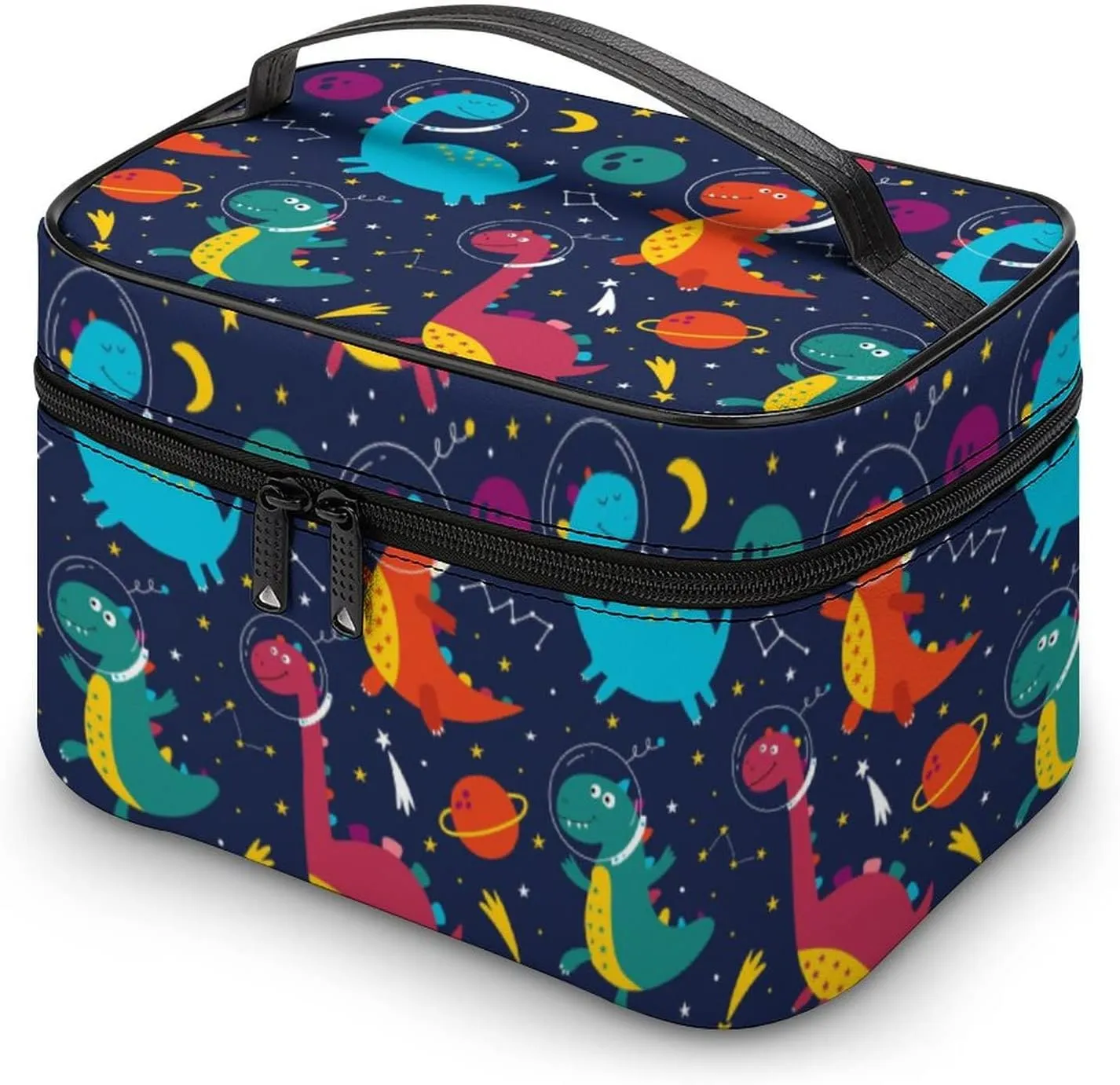 Makeup Bag Cosmetic Bag, Cute Space Dinosaurs Cosmonaut Navy Makeup Bag Portable PU Leather Makeup Travel Case Pouch Toiletry Bag with Handle for Women Girls
