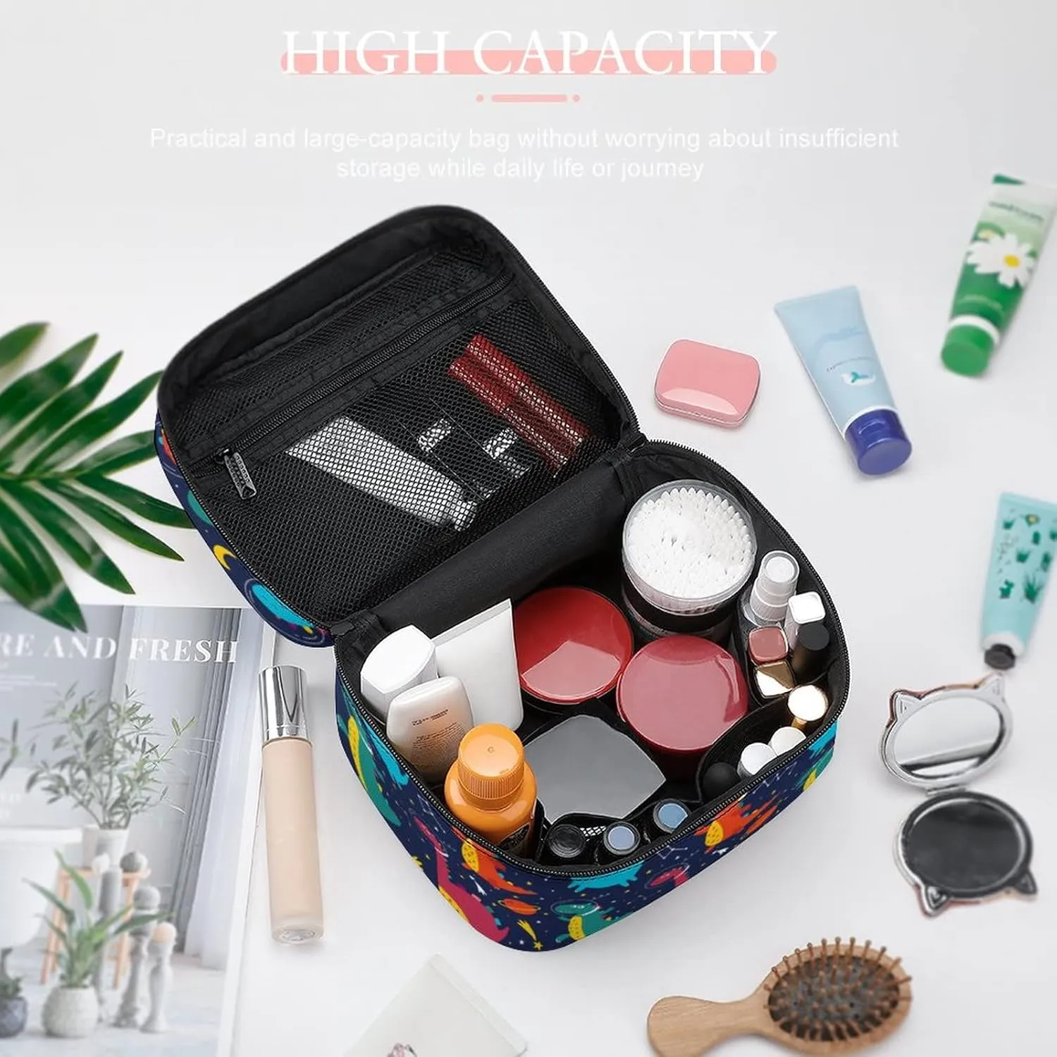 Makeup Bag Cosmetic Bag, Cute Space Dinosaurs Cosmonaut Navy Makeup Bag Portable PU Leather Makeup Travel Case Pouch Toiletry Bag with Handle for Women Girls
