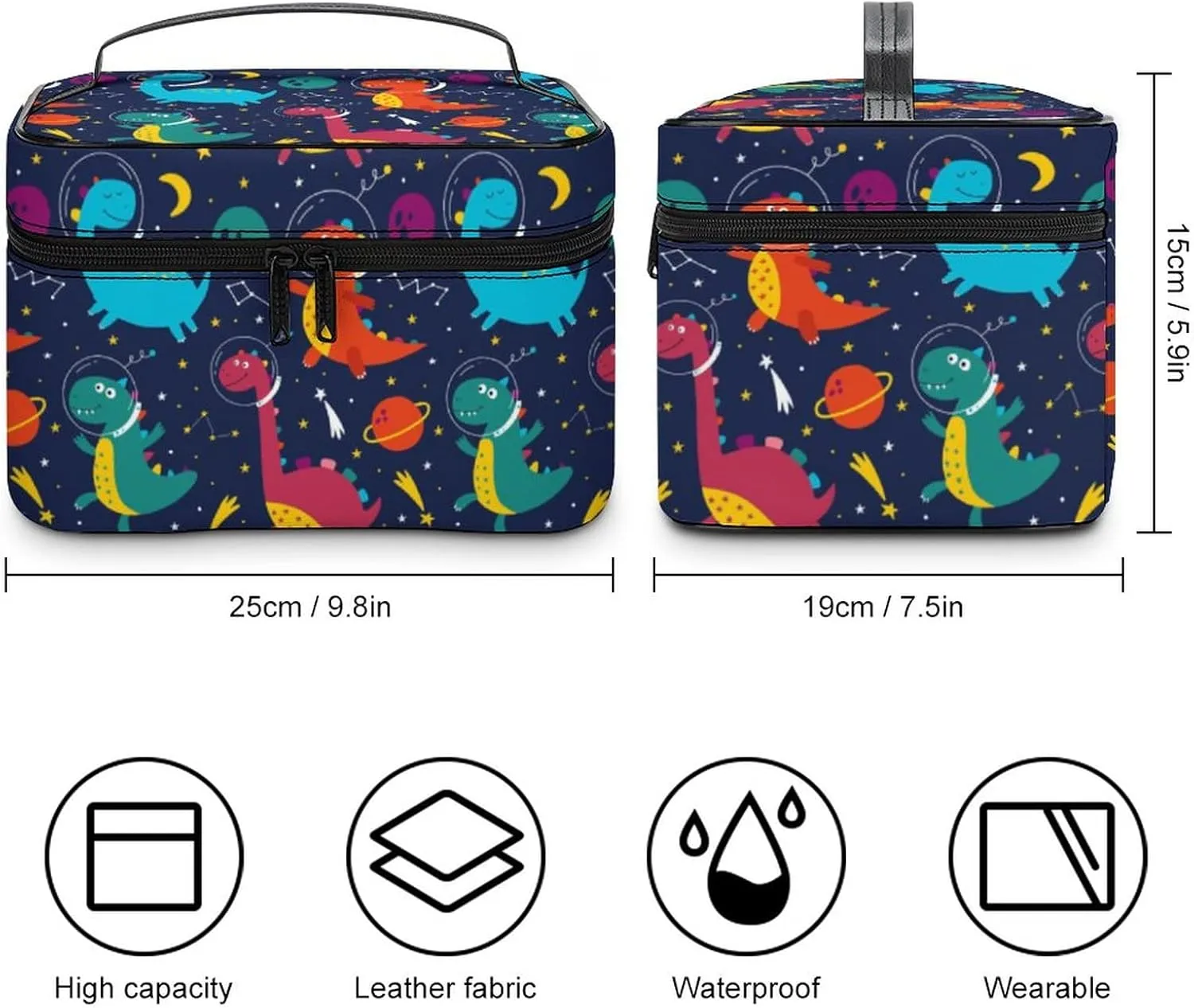 Makeup Bag Cosmetic Bag, Cute Space Dinosaurs Cosmonaut Navy Makeup Bag Portable PU Leather Makeup Travel Case Pouch Toiletry Bag with Handle for Women Girls