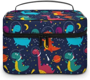Makeup Bag Cosmetic Bag, Cute Space Dinosaurs Cosmonaut Navy Makeup Bag Portable PU Leather Makeup Travel Case Pouch Toiletry Bag with Handle for Women Girls