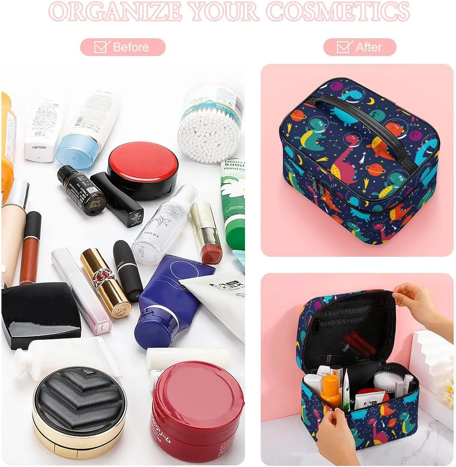 Makeup Bag Cosmetic Bag, Cute Space Dinosaurs Cosmonaut Navy Makeup Bag Portable PU Leather Makeup Travel Case Pouch Toiletry Bag with Handle for Women Girls