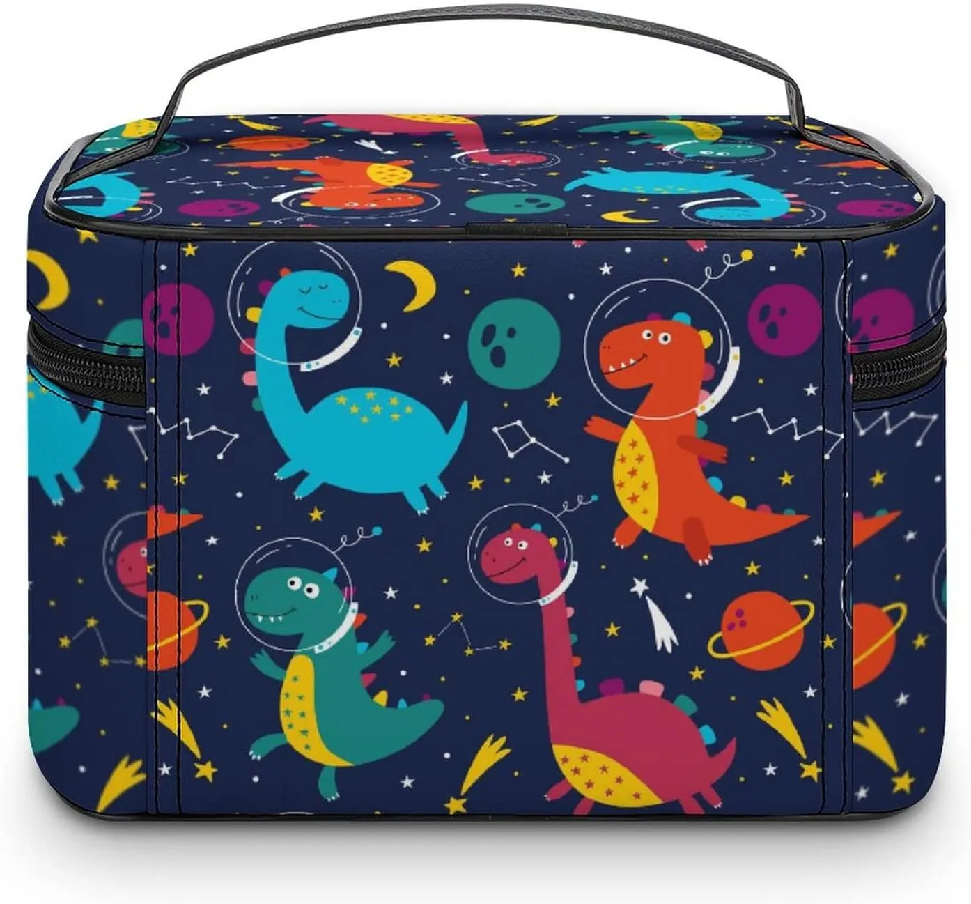Makeup Bag Cosmetic Bag, Cute Space Dinosaurs Cosmonaut Navy Makeup Bag Portable PU Leather Makeup Travel Case Pouch Toiletry Bag with Handle for Women Girls