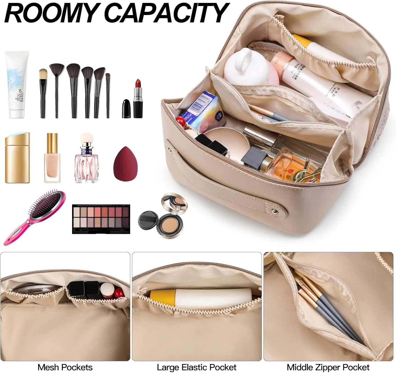 Makeup Bag Travel Large Capacity Cosmetic Bag,Waterproof Portable Pouch Toiletry Bag Makeup Bag Organizer with Dividers and Handle