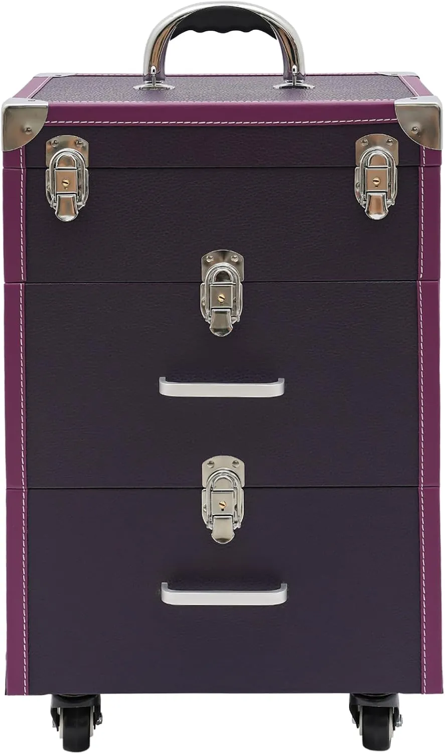Makeup Rolling Train Case Aluminum Salon Trolley Nail bag Organizer Case Professional Manicure Tool kit Travel Cart Trunk with lock for Cosmetic Barber Studio Artists(Silver Clasp Purple)