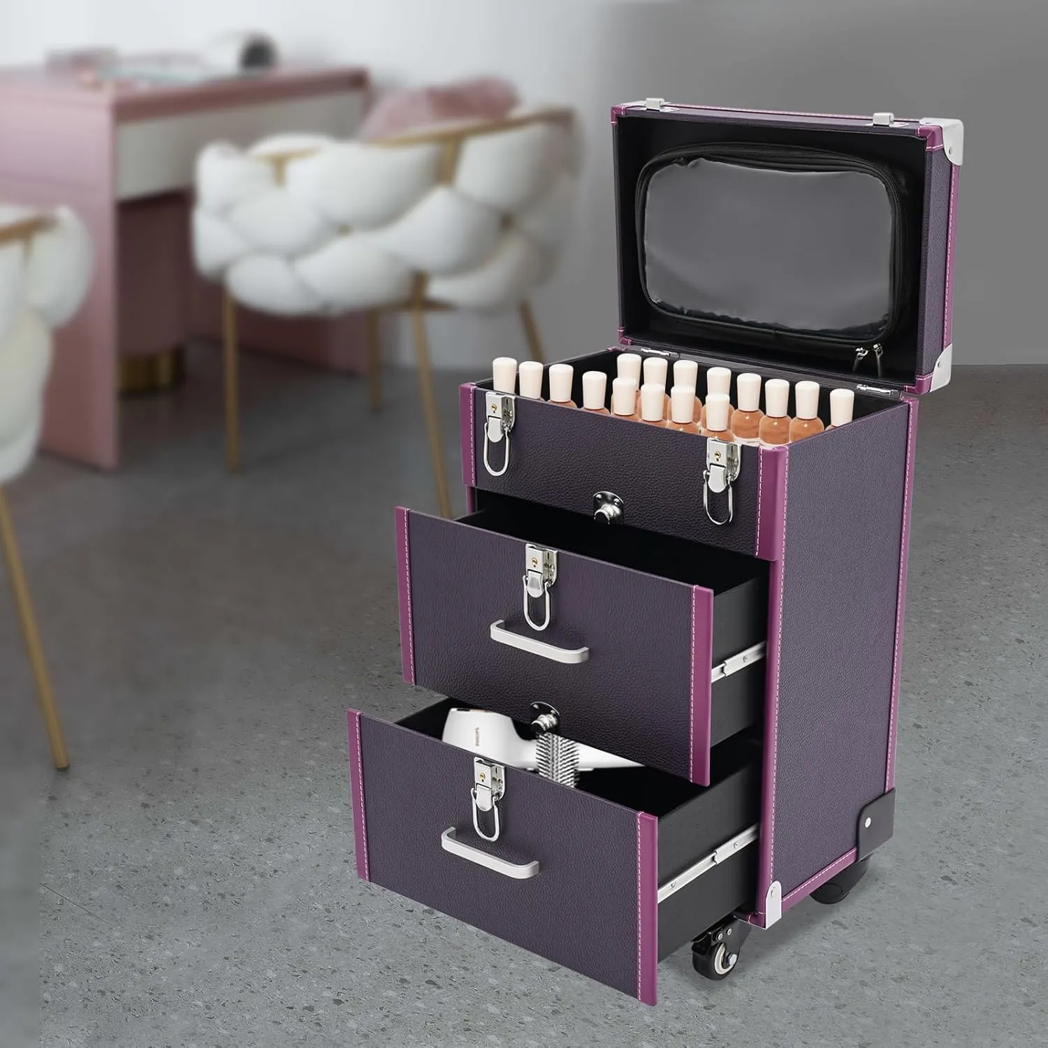 Makeup Rolling Train Case Aluminum Salon Trolley Nail bag Organizer Case Professional Manicure Tool kit Travel Cart Trunk with lock for Cosmetic Barber Studio Artists(Silver Clasp Purple)