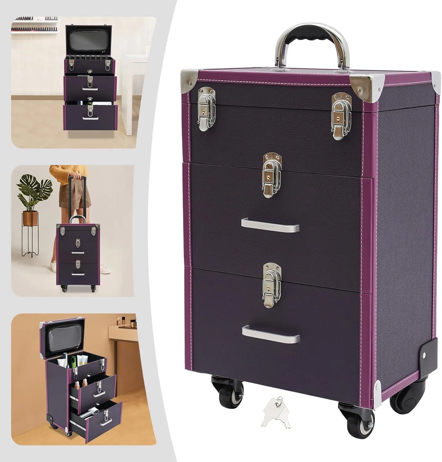 Makeup Rolling Train Case Aluminum Salon Trolley Nail bag Organizer Case Professional Manicure Tool kit Travel Cart Trunk with lock for Cosmetic Barber Studio Artists(Silver Clasp Purple)