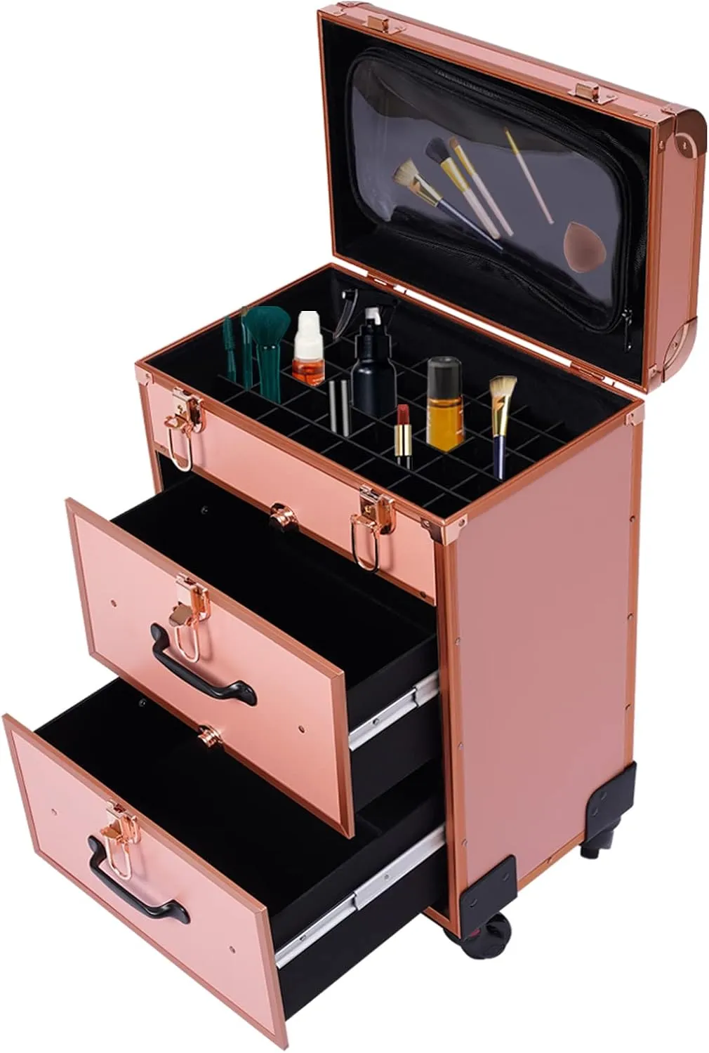 Makeup Train Case, Professional Rolling Makeup Case Cosmetic Trolley with Dividers, Nail Polish Organizer, Jewelry Travel Cosmetic Train Case w/ 4 Wheels and Locks (Rose Gold)