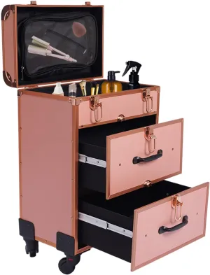Makeup Train Case, Professional Rolling Makeup Case Cosmetic Trolley with Dividers, Nail Polish Organizer, Jewelry Travel Cosmetic Train Case w/ 4 Wheels and Locks (Rose Gold)