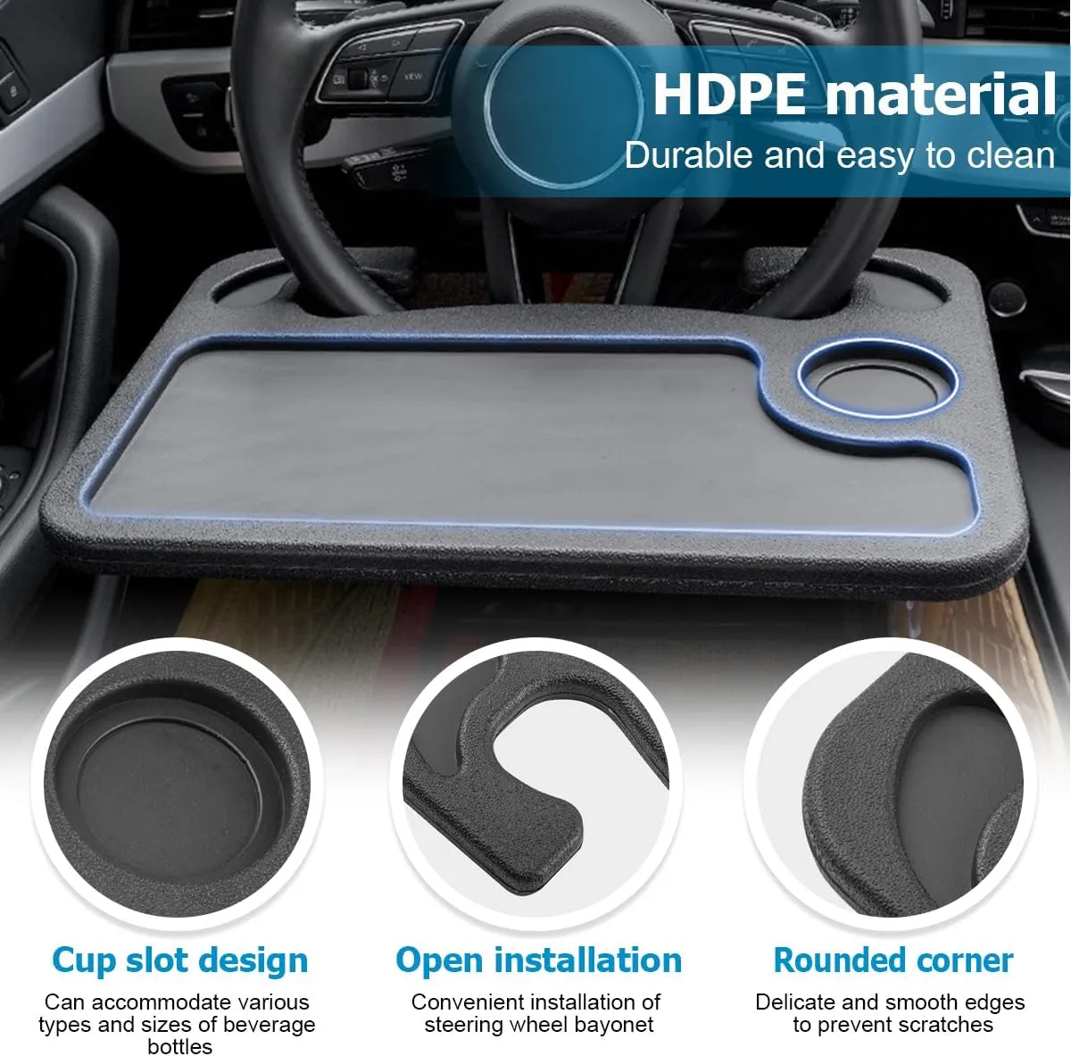 Mandark Car Steering Wheel Tray, 2 in 1 Auto Steering Wheel Desk for Eating Drinks Laptop, Multipurpose Vehicle Interior Travel Essential Table Accessories, Universal for RV, SUV, Truck (Black-1)