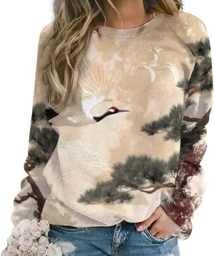 MARSVOVO Crewneck Sweatshirt for Women Long Sleeve Shirts Japanese Art Print Vintage Y2k Spring Fall Pullover Sweatshirt