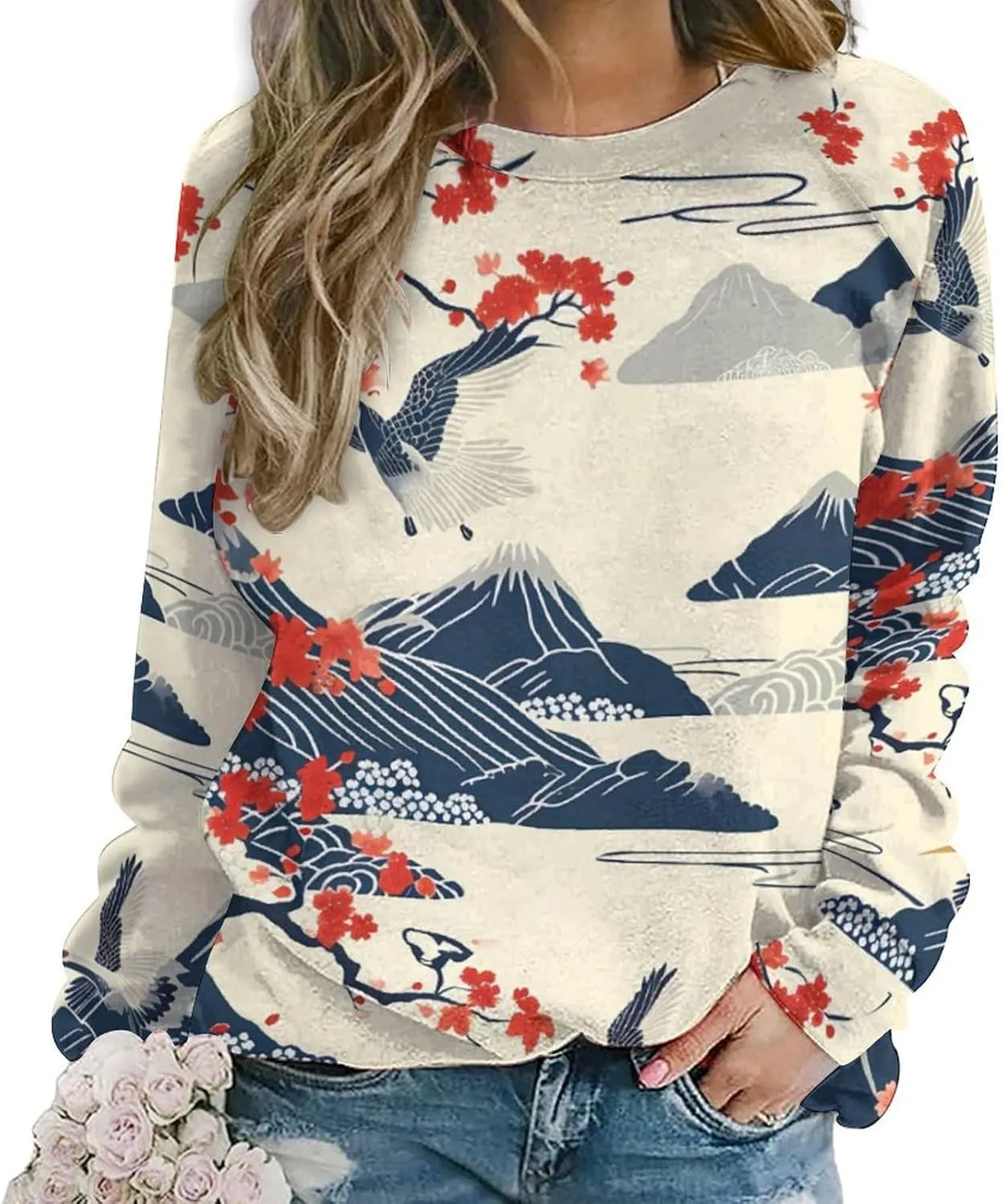 MARSVOVO Crewneck Sweatshirt for Women Long Sleeve Shirts Japanese Art Print Vintage Y2k Spring Fall Pullover Sweatshirt