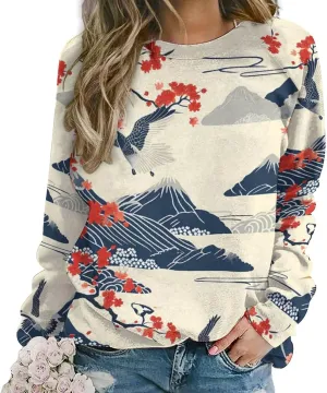 MARSVOVO Crewneck Sweatshirt for Women Long Sleeve Shirts Japanese Art Print Vintage Y2k Spring Fall Pullover Sweatshirt