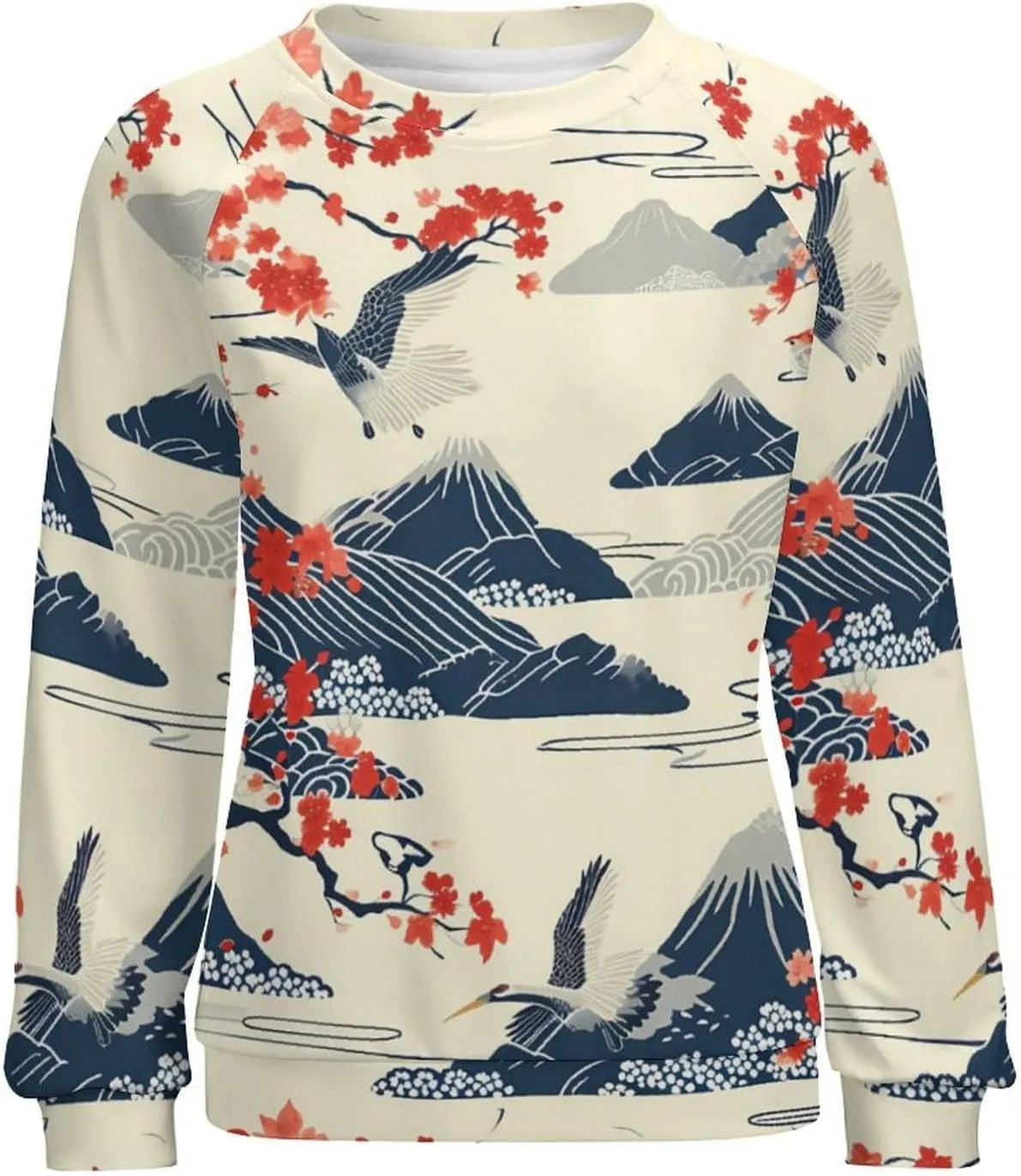 MARSVOVO Crewneck Sweatshirt for Women Long Sleeve Shirts Japanese Art Print Vintage Y2k Spring Fall Pullover Sweatshirt