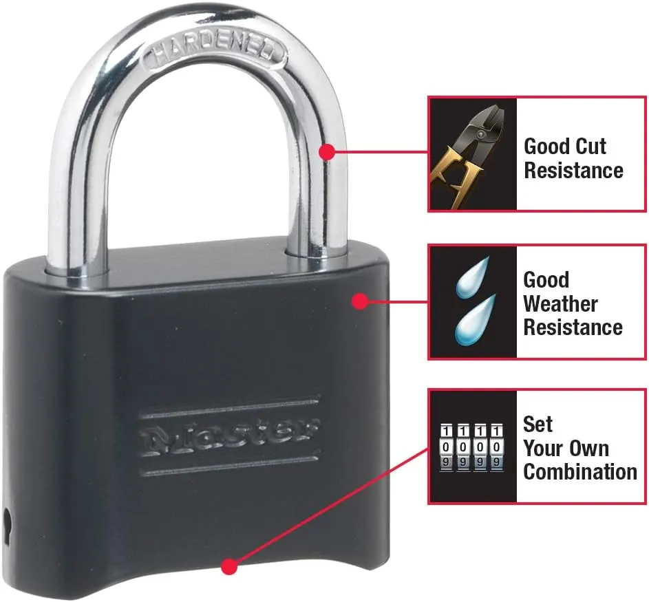 Master Lock Black Combination Padlock, Set Your Own Combo Lock, Weather Resistant Indoor and Outdoor Padlocks with Code for Gym Locker, Gate, Shed, 2 Pack, 178EC2