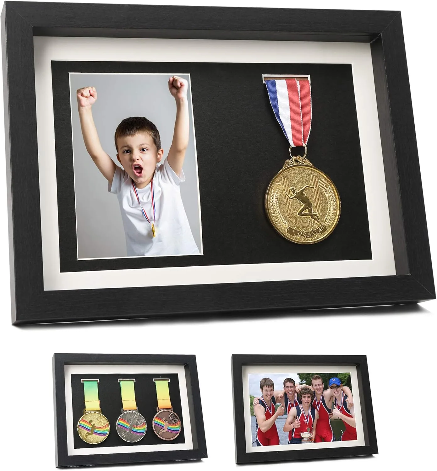 Medal Display Shadow Box - 3 Medal Display Case - Perfect for Runners, Marathon, Race Winner, Soccer, Football, Gymnastics & All Sports (Black, A4)