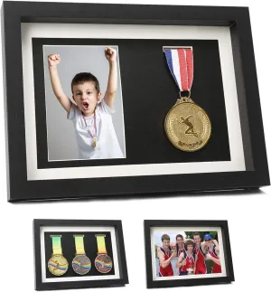 Medal Display Shadow Box - 3 Medal Display Case - Perfect for Runners, Marathon, Race Winner, Soccer, Football, Gymnastics & All Sports (Black, A4)