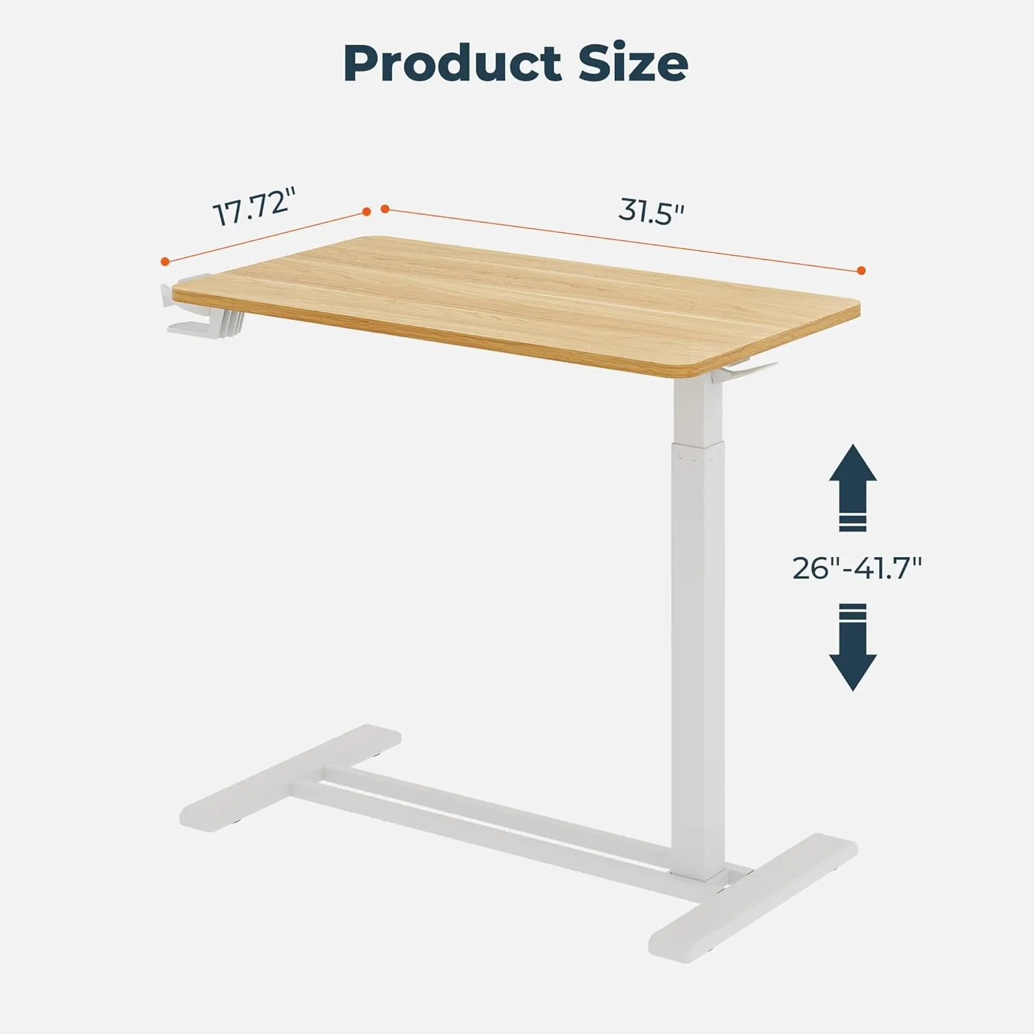 Medical Overbed Adjustable Bedside Table with Hidden Casters, Pneumatic Mobile Rolling Laptop Standing Desk with Tray for Home and Hospital Use, Maple