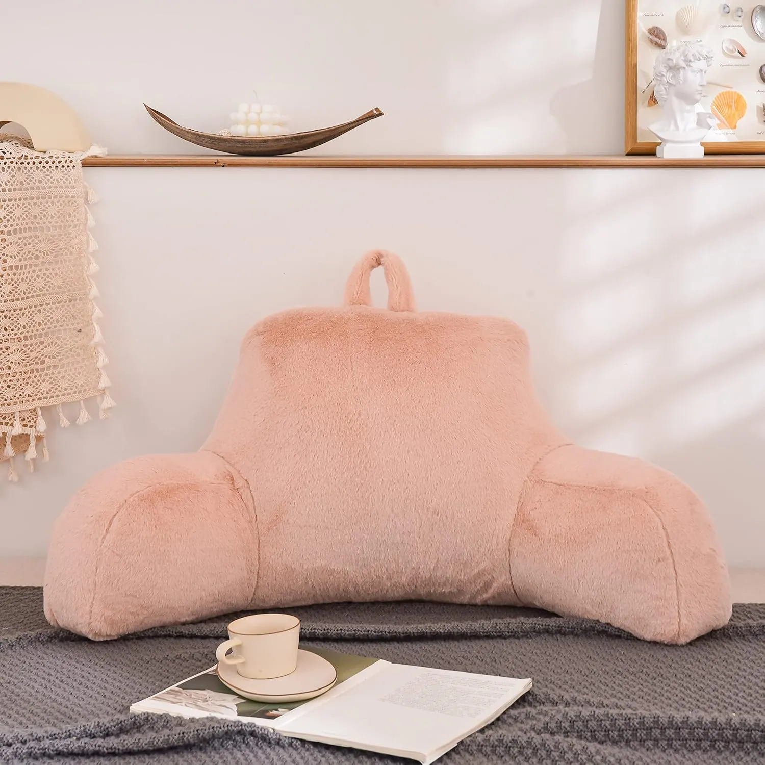 Meeting Story Reading Pillow Adult Backrest with Arms, Back Pillow Support for Sitting Up in Bed Chair Pillow Reading & Bed Rest Pillows (Pink)