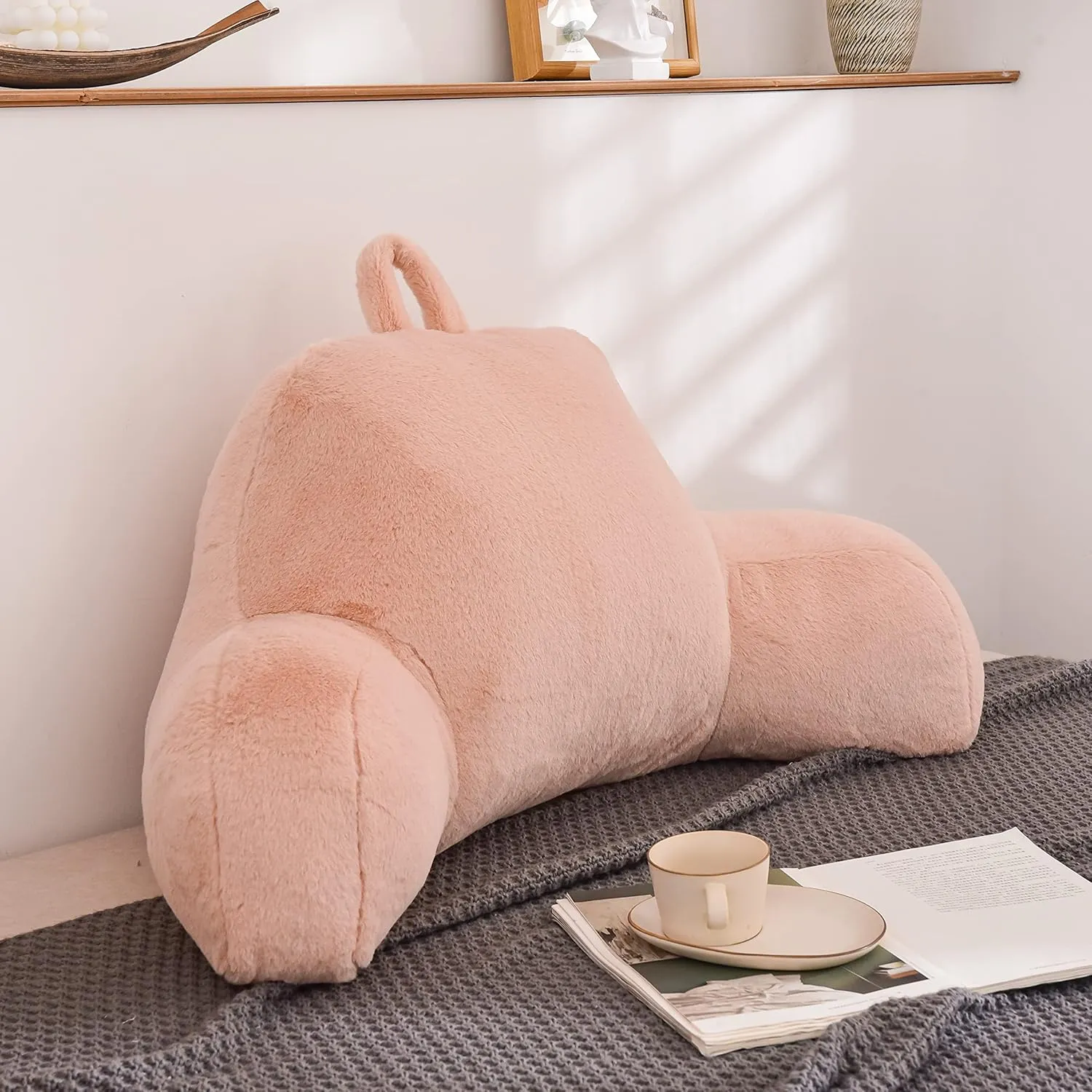 Meeting Story Reading Pillow Adult Backrest with Arms, Back Pillow Support for Sitting Up in Bed Chair Pillow Reading & Bed Rest Pillows (Pink)