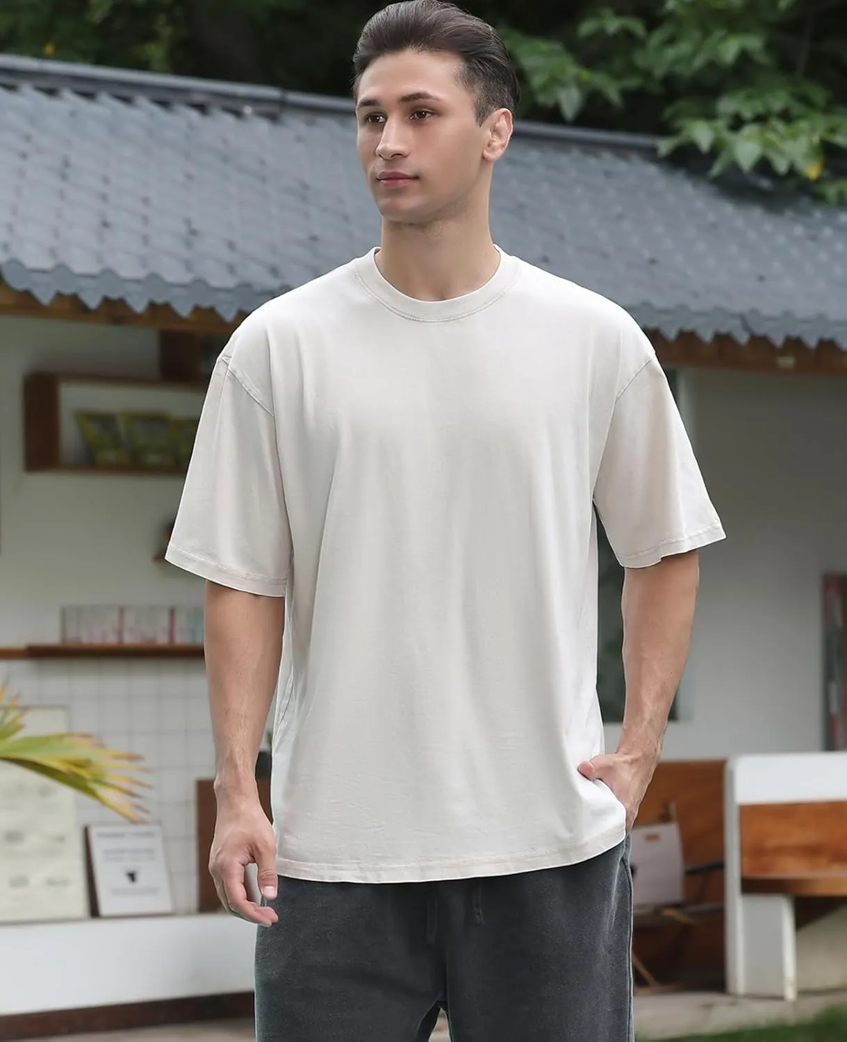 Men's Cotton T-Shirts Oversized Unisex Short Sleeves Casual Loose Wash Solid Basic Tee Tops