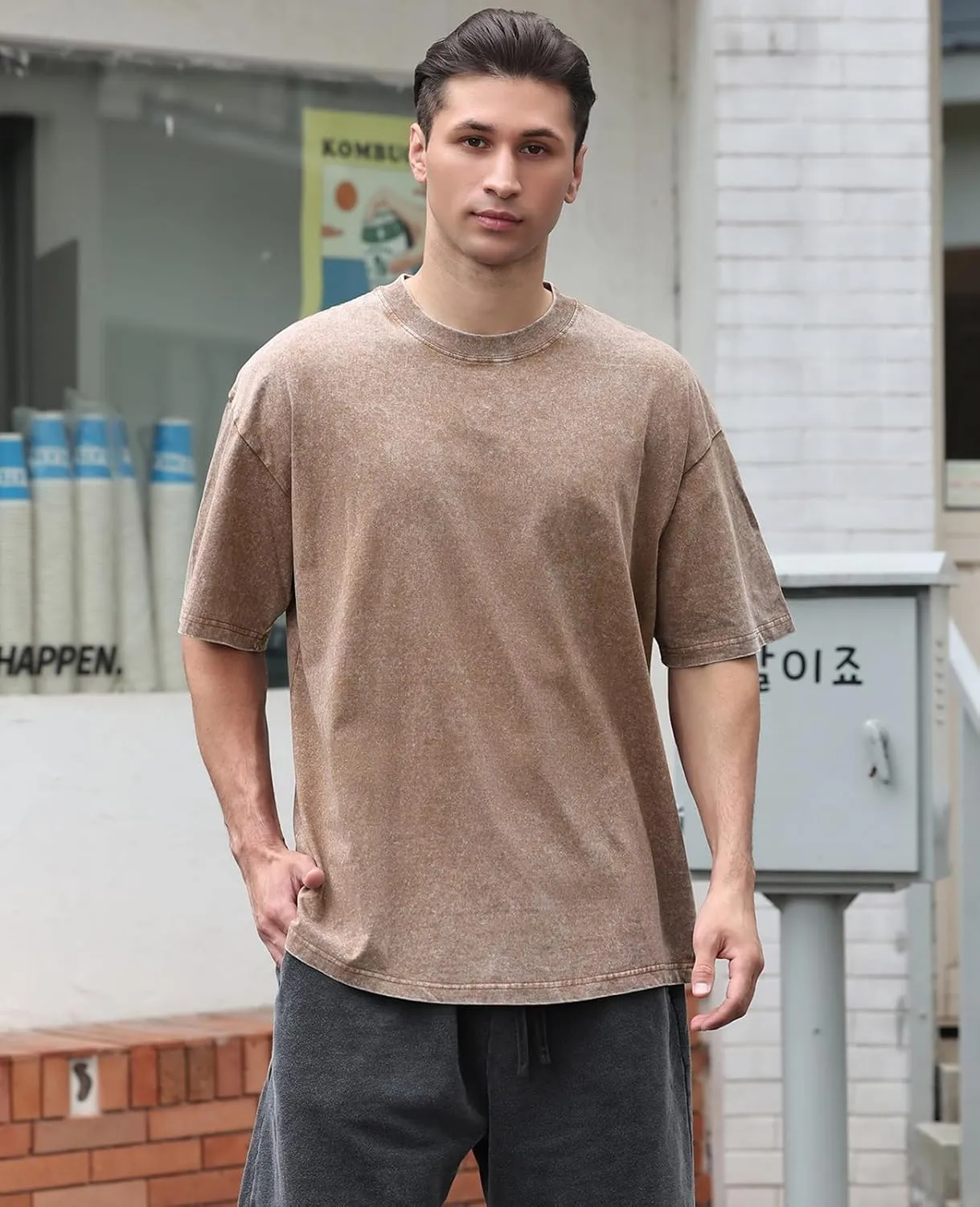 Men's Cotton T-Shirts Oversized Unisex Short Sleeves Casual Loose Wash Solid Basic Tee Tops